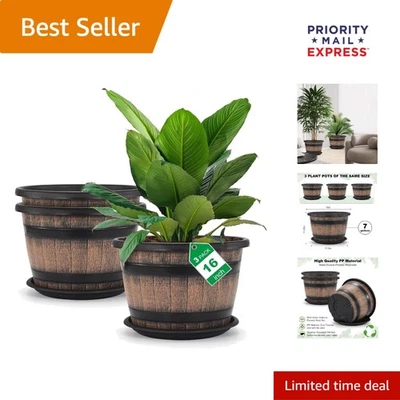 多功能 3 件装植物壶 - 16 英寸威士忌桶设计适用于家庭和花园 — 第 1/4 张图片