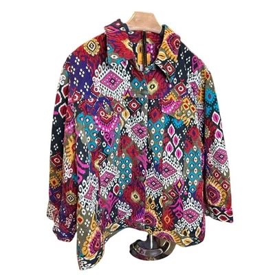 Ruby Rd Woman Jacket 20W Multicolor Geometric Pattern Button Front Boho Eclectic - Image 1 of 4