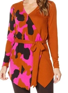 Iman Global Chic Woman's Long Sleeve Animal Print Belted V Neck Top. Small - Picture 1 of 7