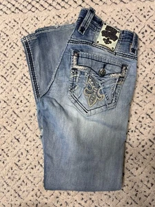 Mens Rock Revival Phoenix Destroyed Pockets Leather Slim Boot Denim Jeans 31x33 - Picture 1 of 13