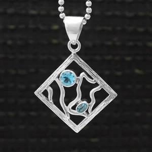 Handmade Square Cut 925 Sterling Silver Blue Topaz Pendant Women Jewelry Gift - Picture 1 of 6