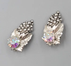 Sterling Silver Clip On Earrings Grapes AB Rhinestone Drop 3/4" - Picture 1 of 11