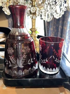 Vintage Bohemian Water Set Glass/ Carafe Decanter Etched Glass Ruby Red 2 Piece - Picture 1 of 8