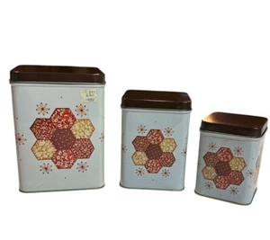 Vintage Metal Tin Canisters Nesting Set Of 3 Retro Patchwork Floral NEW NOS - Picture 1 of 8