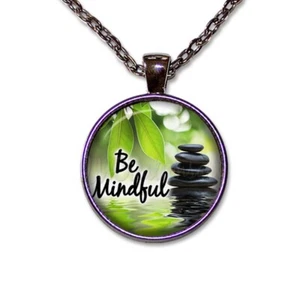 Zen Be Mindful Peace - Handmade Round Glass Pendant Necklace - Picture 1 of 10