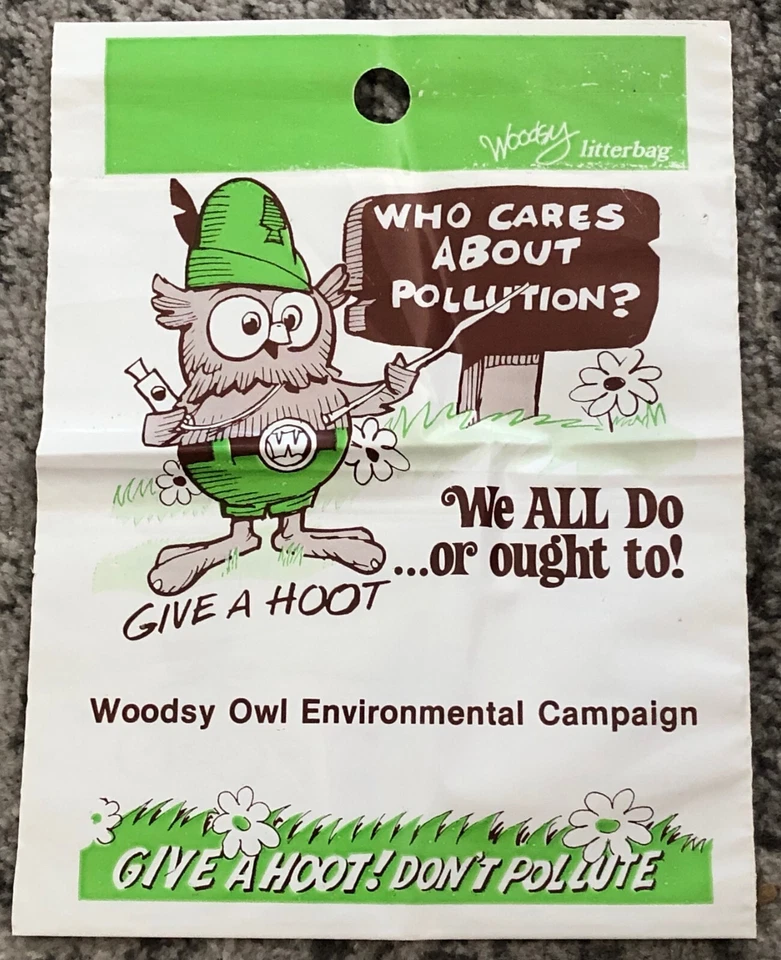 Bolsa de basura ambiental vintage años 70 Woodsy Owl "Give a Hoot" campaña basura Foto 1 de 4
