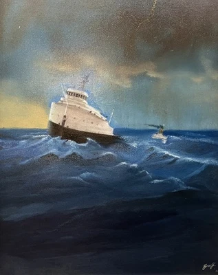 Original Oil Painting Edmund Fitzgerald Ship Lost 1975 Water 16x20 Signed 2011  - Image 1 of 4