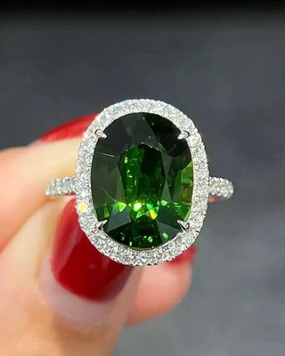 14K White Gold Oval 6.05 Ct Natural Green Tourmaline Diamond Wedding Ring Size 7 - Image 1 of 4