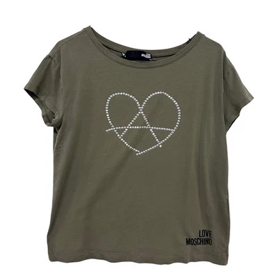 Love Moschino Rhinestone Logo Tee Womens 8 Olive Heart Graphic Y2K Minimal Luxe - Image 1 of 4