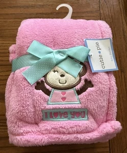 CUTIE PIE PINK BABY BLANKET I LOVE YOU. GIRL MONKEY. NEW - Picture 1 of 5