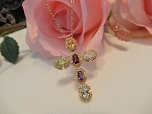 GEMSTONE Artistic CROSS Pendant w/925 delicate 18" chain ~ DAZZLING! FREE SHIP - Picture 1 of 10