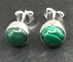 Malachite round stud earrings solid Sterling silver 7mm bezel set, box. #2 - Picture 1 of 8