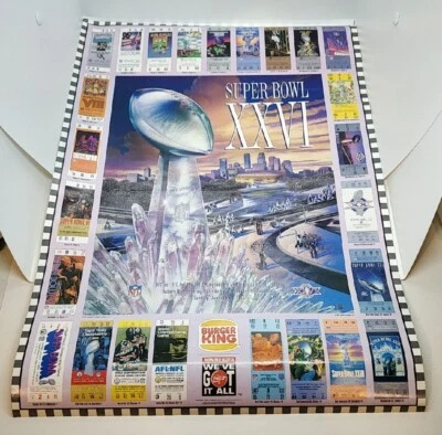 PÓSTER de evento original de fútbol americano de la NFL 22x15 del Super Bowl XXVI (Minneapolis 1992) Foto 1 de 3