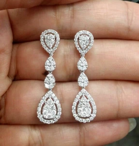 2Ct Lab Created Round Diamond Cluster Drop Dangle Earrings 14K White Gold Plated - Picture 1 of 7