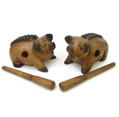 Lot Of 2 Wooden 5" Pig Guiros w/ Scrapers Percussion Musical Instruments - Image 1 of 4