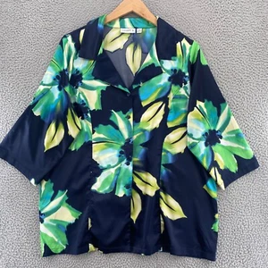 Susan Graver Top Womens 2X Plus Navy Green Floral Collar Button Stretch Satin - Photo 1/10