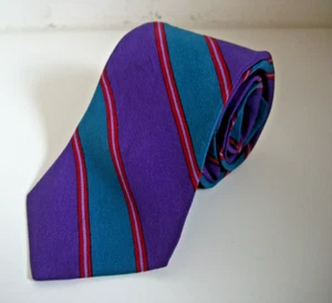 Vintage Stripe Tie 1980s Teal Purple Red Smart Retro 100% SILK Mens HARDY AMIES - Picture 1 of 11