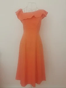ASOS Linen Orange Midi Dress Frill Collared With Pockets Size 4 - Picture 1 of 12