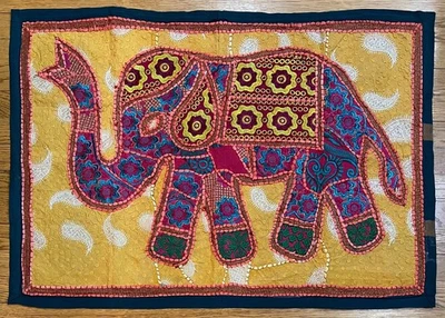 Vintage Rajasthani Patchwork Tapestry India Elephant Embroidered Metallic 36x25” - Image 1 of 4