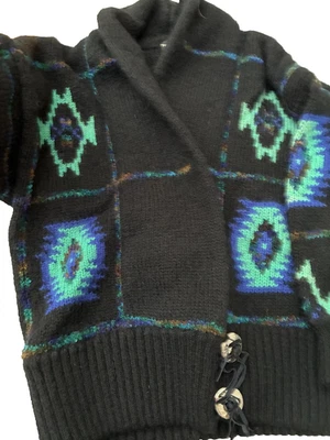 Tony Lambert Sweater Cardigan Western Fringe Black/Teal Wool Blend Chunky 90 Vtg - Image 1 of 4