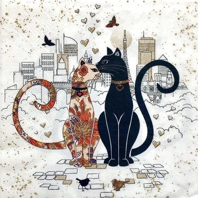 PAPER NAPKINS PK 20 2 CUTE CATS KISSING COUPLE IN PARIS & EIFFEL TOWER 3 PLY - Image 1 of 2