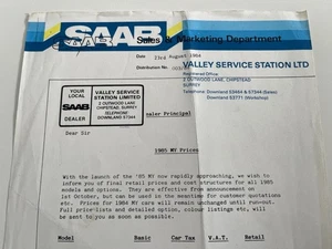 Saab 900 2 3 4 5 puertas turbo 8V 16V Reino Unido lista de precios 1984 para año modelo 1985 - Imagen 1 de 1