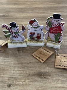 Primitive Annie Schnickel Winter Dummy Board Wood Snowman Shelf Sitter Set of 3 - Picture 1 of 4