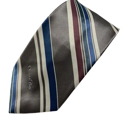 Corbata vintage Oscar de la Renta para hombre gris azul rosa repp a rayas diseñador Foto 1 de 4