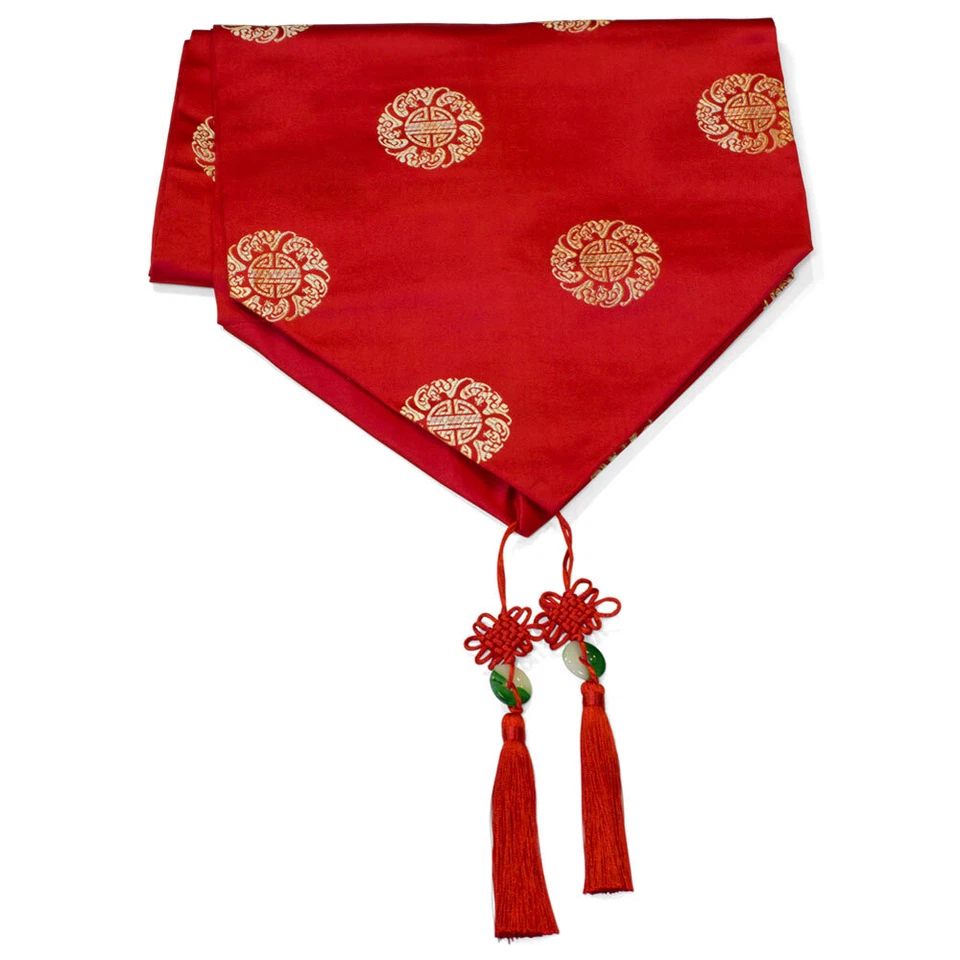 US SELLER - 96 Inch Red Silk Chinese Longevity Table Runner - Image 1 of 2