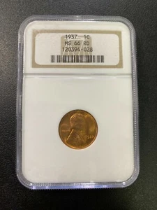 1937 WHEAT CENT NGC MS-66 RD - UNCIRCULATED - RED - EARLY DATE - SLABBED - 1C - Picture 1 of 2