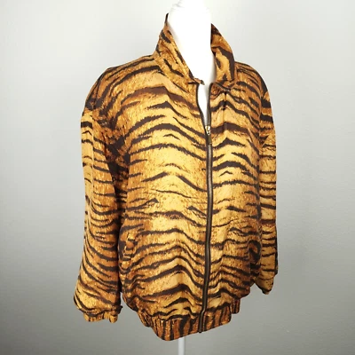Vintage 80s 90s 100% Silk Bomber Track Jacket Tiger Animal Print Full Zip S/M - Image 1 of 4
