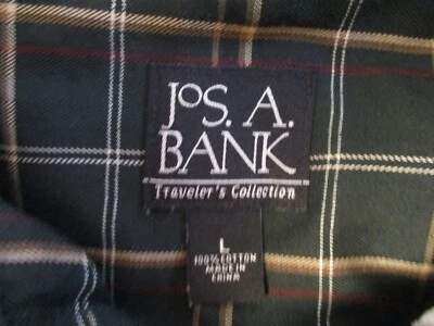 Jos A Bank Shirt Men's Large Traveler's 100% Cotton Green Beige Plaid Check - Image 1 of 4