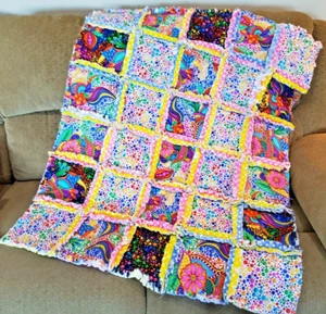 Carnivale Multicolor & Bright Handmade Throw Size Rag Quilt 37x44" Brand New - Picture 1 of 3