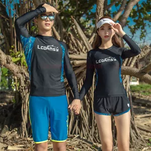 MEN WOMEN RASH GUARD BEACH LONG SLEEVE SURF SWIM SHIRTS + SHORTS SET374008703004 - Picture 1 of 4