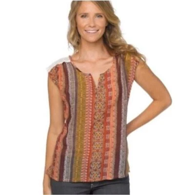 Prana Blouse Silk Blouse Women M Multicolor Crochet Top Striped Blouse Iliana  - Image 1 of 4