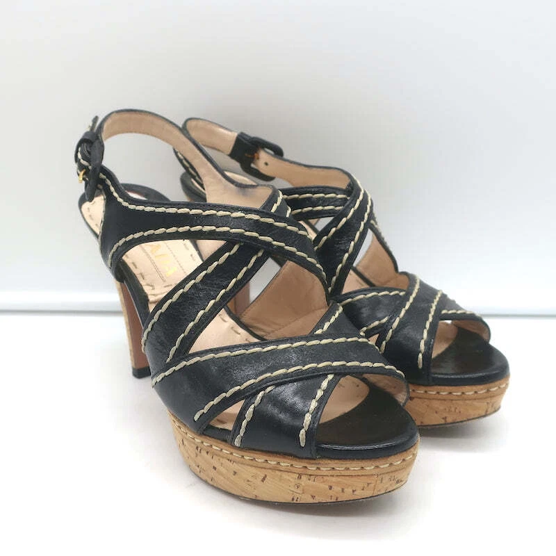 Sandalias Prada con plataforma de corcho entrecruzadas de cuero negro talla 36,5 tacones con cordones Foto 1 de 4