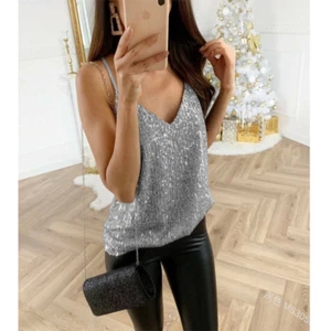 Women's Vest Top Summer Sequin Hot Gold V-neck Suspender Casual Sexy Top - Picture 1 of 15