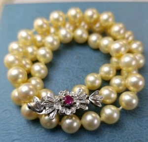 Retro Designer 50er Jahre Akoya 7mm Champagner Perlenkette mit 18k Weißgold Rubin - Bild 1 von 9