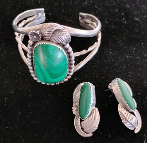 Vintage 80er Indianer Sterling Set Manschette Armband Ohrringe Silber Malachit - Bild 1 von 7