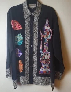 Vintage Diane Von Furstenberg Womens Black Silk Tunic Top Asian Design Sz L - Picture 1 of 4