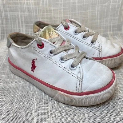 Tenis Polo Ralph Lauren para niños pequeños blancos rosas con logotipo de caballo talla 8 Foto 1 de 4