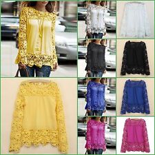 Women Casual Chiffon Breathable Hollow Lace Embroidery Long Sleeve Top Blouse