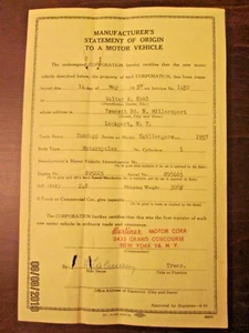 VTG ORIGINAL 1957 ZUNDAPP CHALLENGER #892574 MANUFACTURE'S STATEMENT OF ORIGIN - Bild 1 von 2