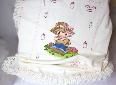Girls Baby Blanket Precious Moments Crochet White Pink Trim Handmade 44"x37" - Image 1 of 4