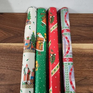 Vintage Wrapping Paper Christmas MCM Santa Wreath Gift Wrap Rolls Lot of 4 - Picture 1 of 5