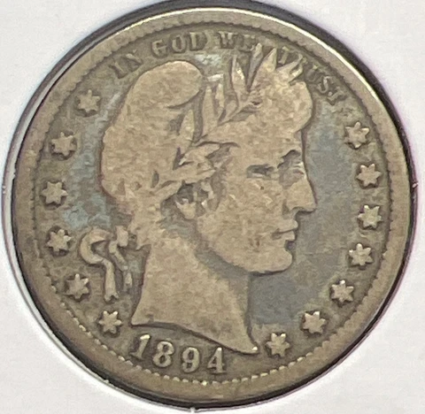 1894 BARBER SILVER QUARTER GRADES VERY GOOD ACTUAL COIN #C13052 Cover