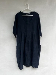 🌟 WOOLOVERS 100% LINEN blue Navy Layered Shift Dress L 14 - Picture 1 of 4