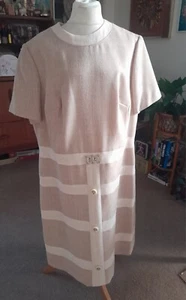 Vintage Linen Blend Dress 1980s Style Shift Dress Cream Brown Lined Large - Picture 1 of 8