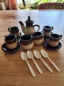 Vintage Stoneware Brown Teapot, Creamer, Sugar, 4 Cups, Saucers,+ Spoons Tea Set - Picture 1 of 5