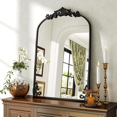 26X38 Arched Mirror, Black Traditional Vintage Ornate Baroque Wall Mirror, Brass - Image 1 of 4